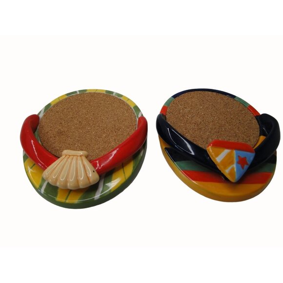 Flip Flop Coasters Beach Themed Ceramic Sailboat & Shell Set of 2 - Picture 1 of 5